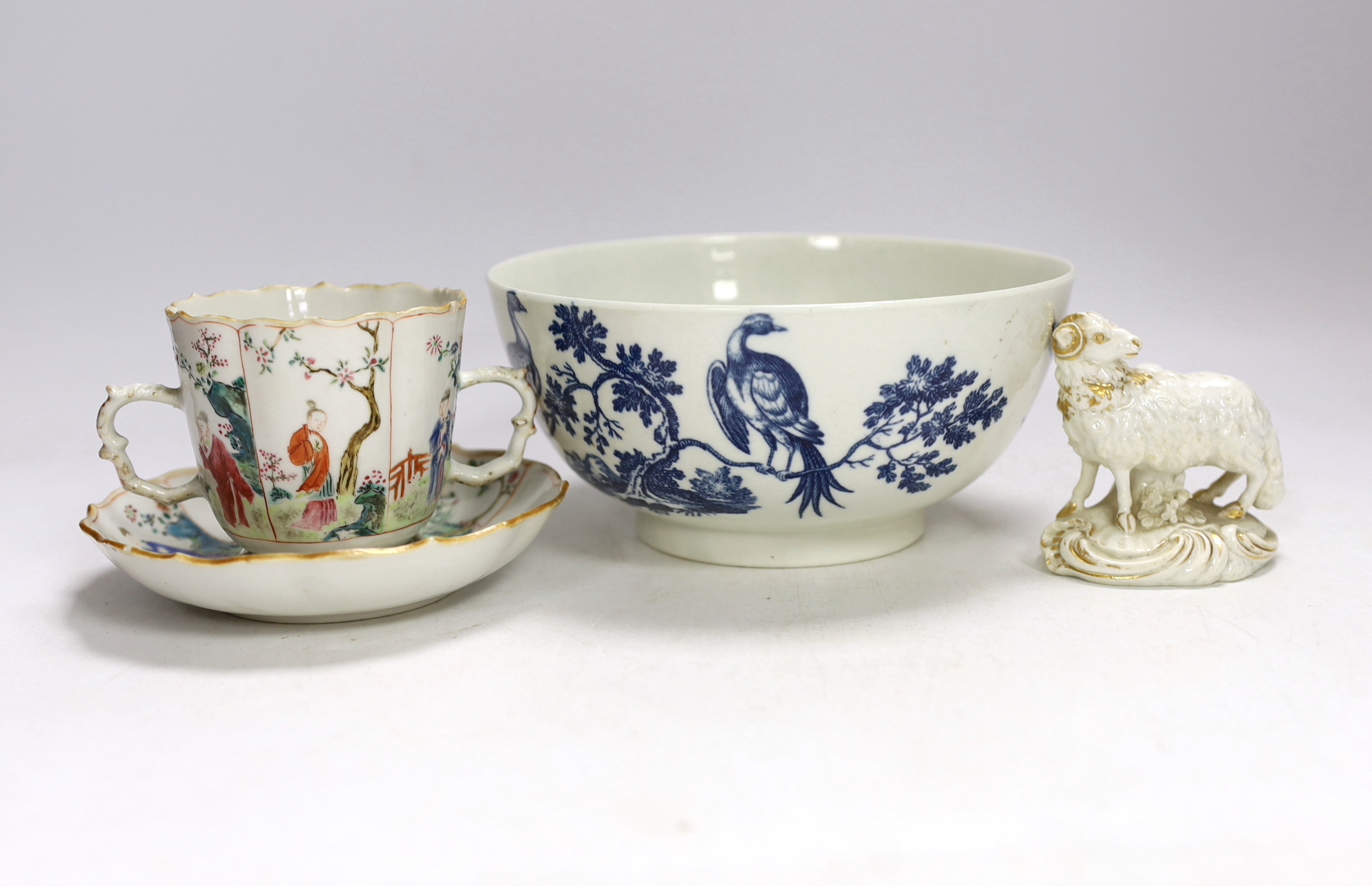 An 18th century Worcester bowl, Chinese cup and saucer and a Derby sheep, bowl 7.5cm